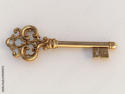 A shiny golden key on a white background photo