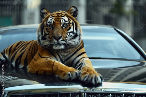 A tiger relaxing on a luxury cars hood showcasing the power and elegance of the vehicle photo