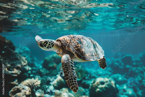 A wise old turtle swimming through clear water copy space for promoting environmental protection. (Ocean conservation