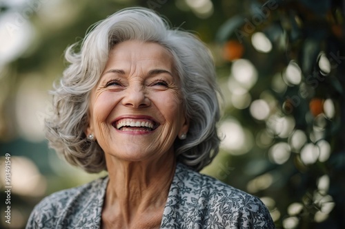 Beautiful gorgeous 50s mid age beautiful elderly senior model woman with grey hair laughing and smiling. Mature old lady close up portrait. Healthy face skin care beauty, skincare cosmetics