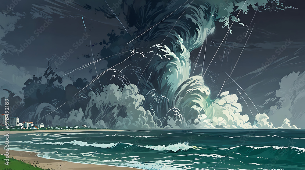 Illustration of a Hurricane Making Landfall with Wind and Rain Effects ...