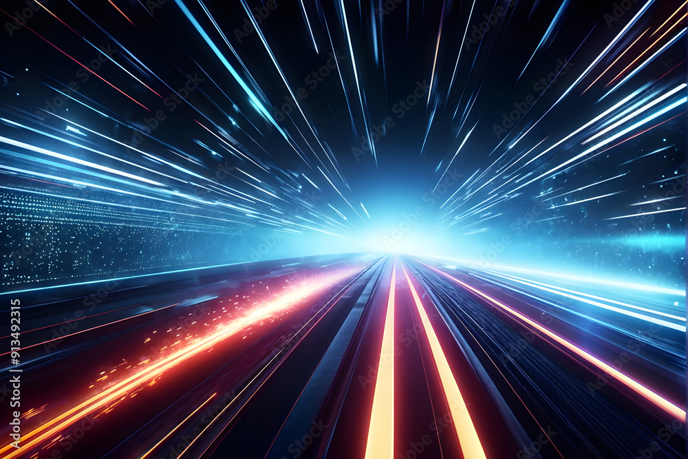 Obraz premium Futuristic data flow. Explosion effect. Sci-fi Motion wallpaper. Neon Glowing Rays in Motion. Hyper Speed Space Travel Concept. 
