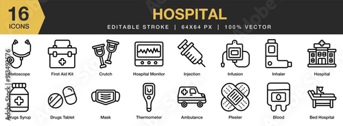 Hospital icon set. Editable Stroke Icon Collection. Includes drug tablets, hospital, infusion, inhaler, mask, plester, stethoscope, and More. Outline icons vector collection. photo