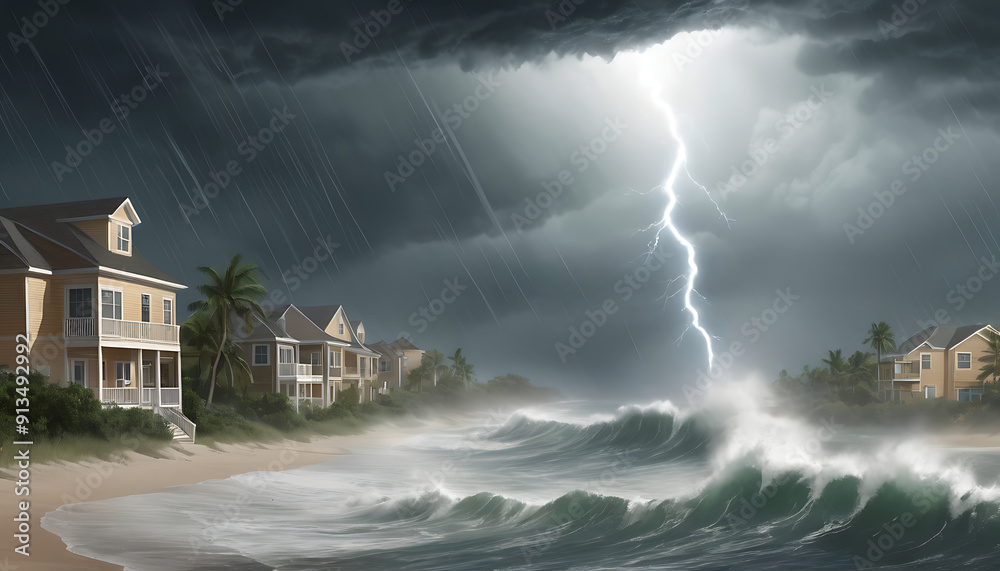 Illustration of a Hurricane Making Landfall with Wind and Rain Effects ...
