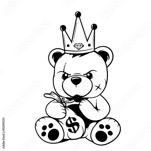 King Teddy | Gang Teddy | Teddy Bear | King Gangster | King Bandit | Teddy with Money Bag | Bear | Wounded Teddy | Original Illustration | Vector and Clipart | Cutfile and Stencil
