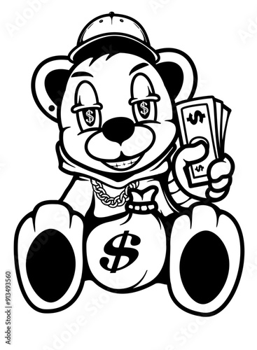 Rich Teddy | Teddy with Cap | Hooligan Bear | Mafia Teddy | Teddy Bear | Teddy w/Money Bag | Money Bag | Gangster Teddy | Original Illustration | Vector and Clipart | Cutfile and Stencil