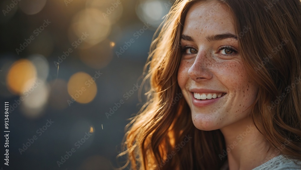 Beautiful young woman with long brown hair and freckles is smiling in the sunshine Beautiful young woman with long brown hair and freckles is smiling in the sunshine