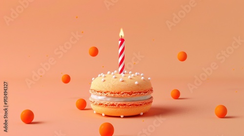 Orange Birthday Cake with Single Lit Candle