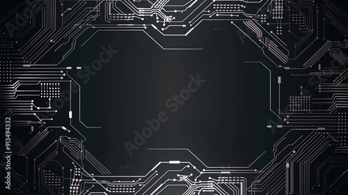 Abstract circuit board background with white lines and black background.