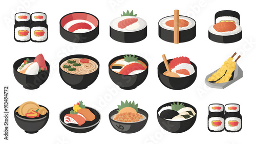 Diverse Japanese Cuisine: Sushi, Ramen, Tempura Food Icons Set