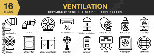 Ventilation icon set. Editable Stroke Icon Collection. Includes air conditioner, air dryer, air duct, cooling fan, exhaust fan, and More. Outline icons vector collection.