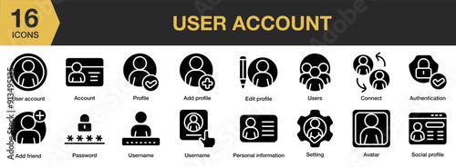 User Account Glyph icon set. Includes account, add friend, add profile, authentication, avatar, and More. Solid icons vector collection.