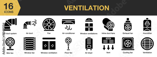 Ventilation Glyph icon set. Includes fan, floor fan, humidifier, vent, window, and More. Solid icons vector collection.