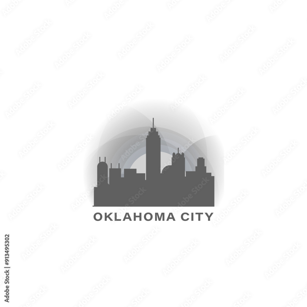 Obraz premium Oklahoma City skyline, downtown panorama logo, logotype. USA, Oklahoma state badge contour, isolated vector pictogram with memorial, monuments, landmarks, skyscrapers at sunrise, sunset