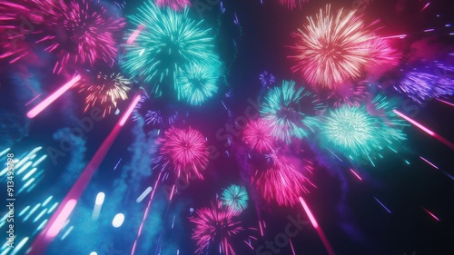 New Year fireworks display with a retro 80s twist, neon colors lighting up the night sky,  Fireworks Display ,  Retro 80s New Year