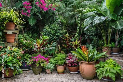 Lush Tropical Garden Filled With Vibrant Potted Plants and Colorful Flowers in Afternoon Sunlight