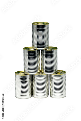 6 food cans stacked isolated on a white background
