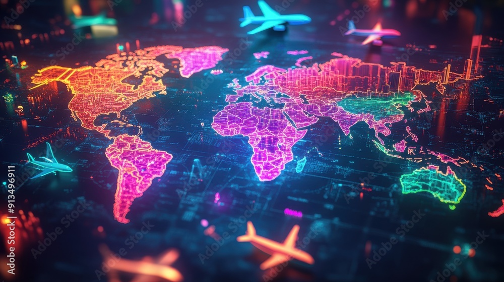 A futuristic neon-lit world map with major cities highlighted in bright neon colors, surrounded by travel icons like airplanes, suitcases, and passports A futuristic neon-lit world map with major cities highlighted in bright neon colors, surrounded by travel icons like airplanes, suitcases, and passports