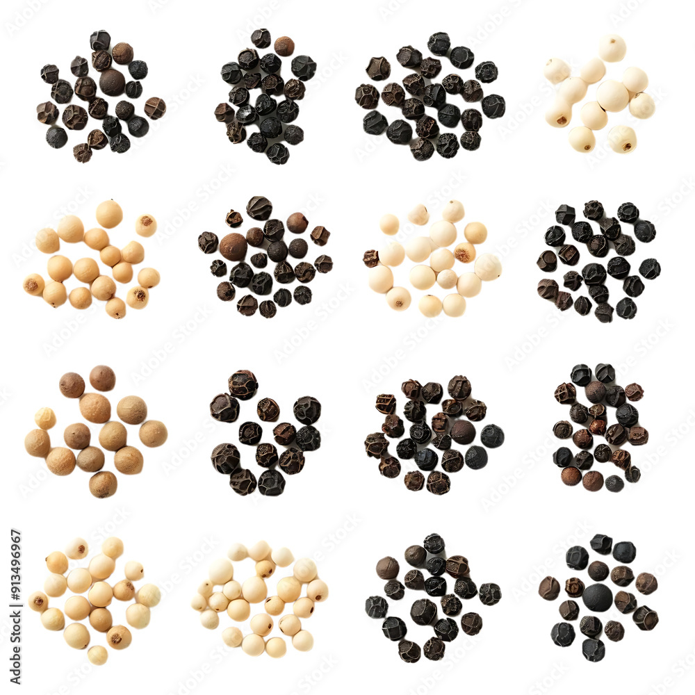 Black, White, and Green Peppercorns on a Transparent Background Black, White, and Green Peppercorns on a Transparent Background