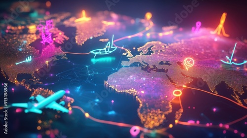 An artistic illustration of a traveler's journey, with neon-lit paths connecting various countries and continents, accented by neon travel symbols such as planes, ships, and trains