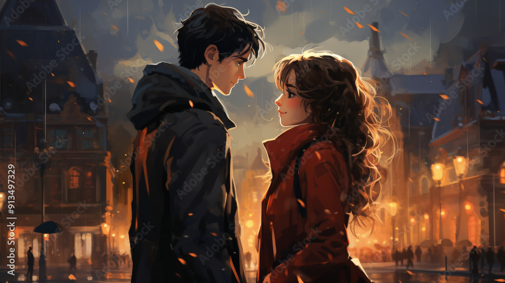 Fototapeta premium Anime Couple Holding Hands in the Rain