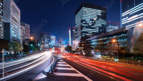 traffic at night, eflections of tokyo city street at night, highly detailed, award winning photography, national geographic photography photo