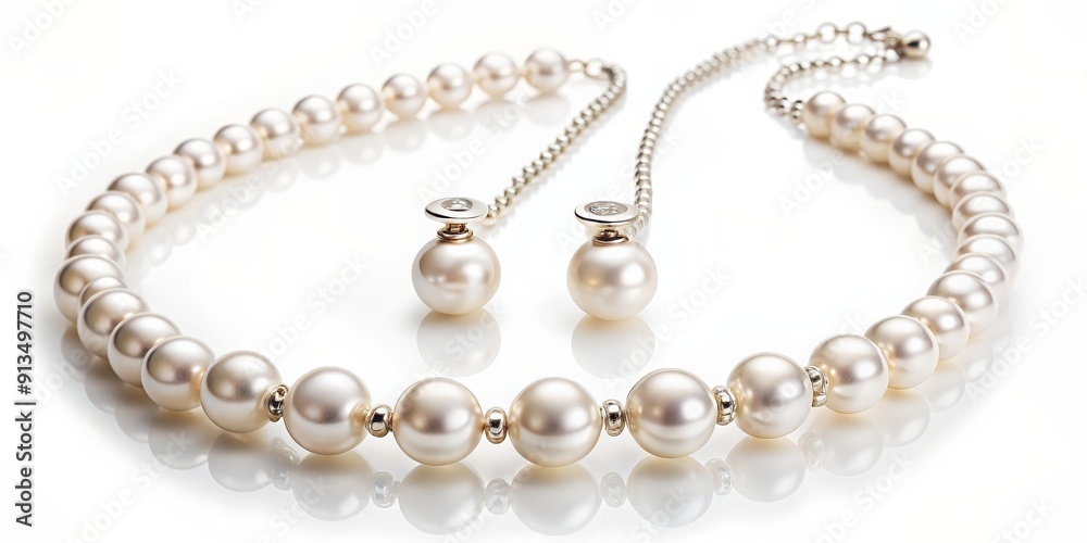 Elegant pearl jewelry set with delicate chain necklace and matching earrings displayed on white background, Pearl, jewelry Elegant pearl jewelry set with delicate chain necklace and matching earrings displayed on white background, Pearl, jewelry