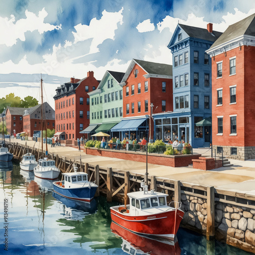 Watercolor illustration of The Portland Old Port District in Portland, Maine. Capture the historic and vibrant character of this popular waterfront area.