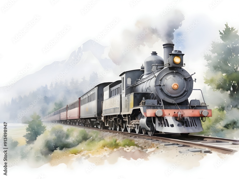 Fototapeta premium Train Watercolor Landscape Nature Art