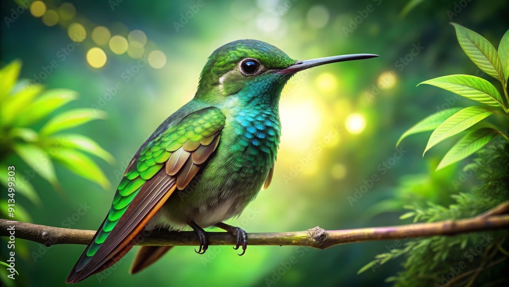 Fototapeta premium Photorealistic image of an adorable green hummingbird in a forest, hummingbird, green, forest, wildlife, nature, bird, small