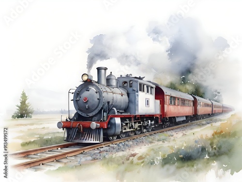 Train Watercolor Landscape Nature Art