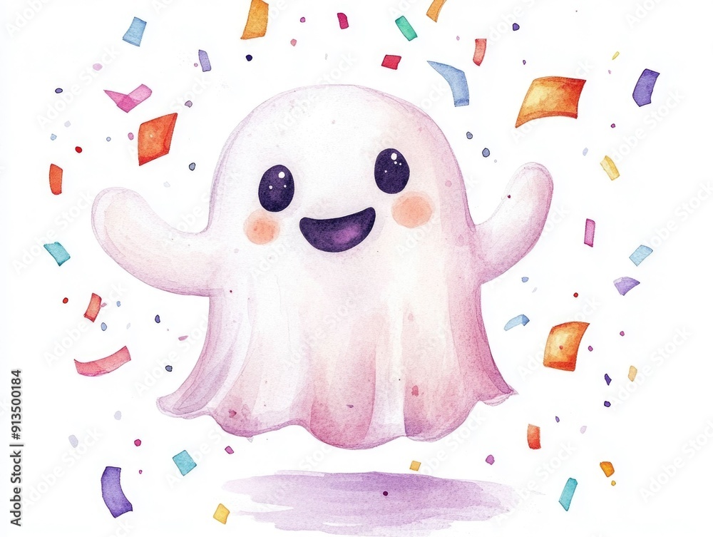 Fototapeta premium Playful and Celebratory Ghostly Character Surrounded by Colorful Confetti in a Watercolor Style