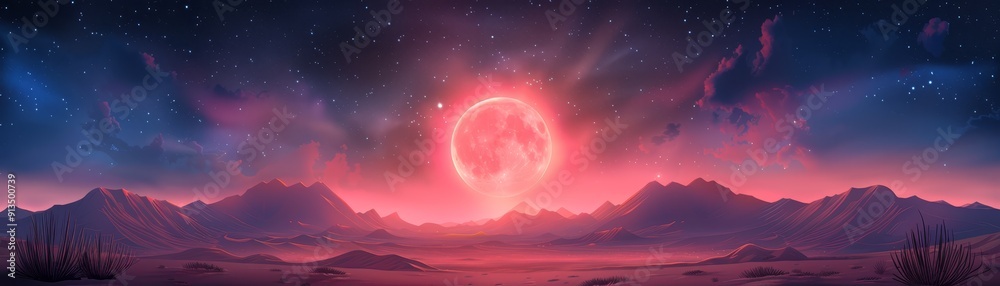 Fantasy Desert Landscape with Radiant Pink Moon Fantasy Desert Landscape with Radiant Pink Moon