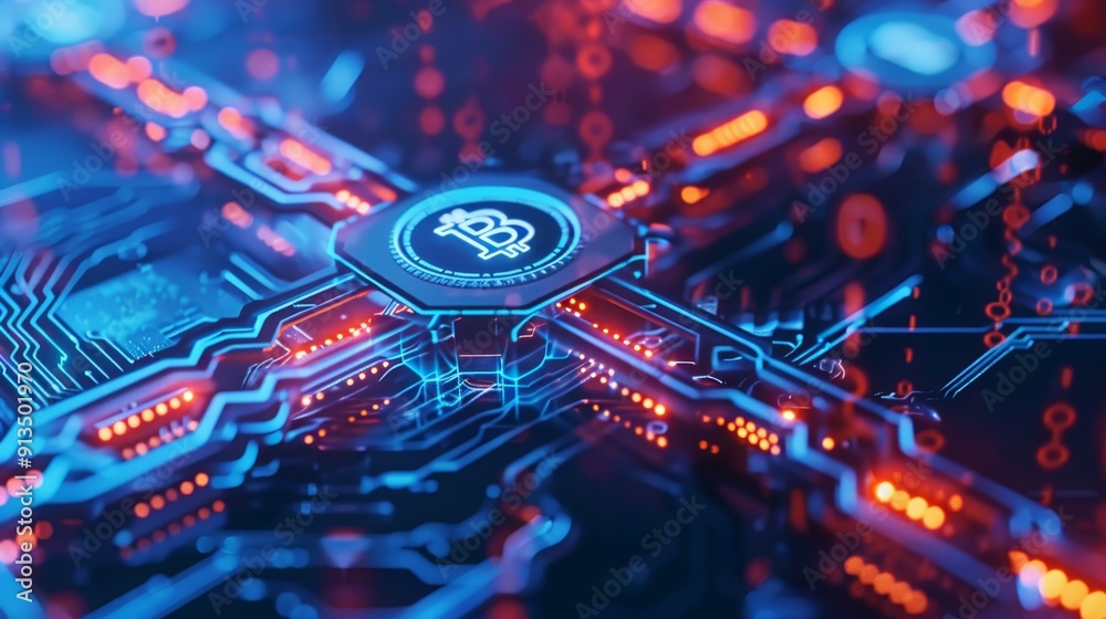 Fototapeta premium Futuristic Bitcoin Circuit with Glowing Lights