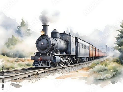 Train Watercolor Landscape Nature Art