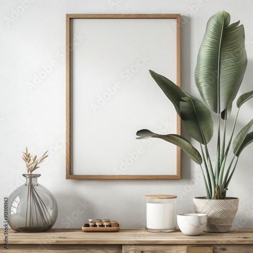 modern home decor featuring wooden frame mock-ups on white, brown, and black sideboards against the wall. perfect for highlighting artwork