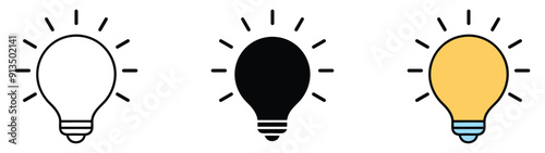 Light bulb icon set. Idea icon. Lamp concept. Light bulb, isolated in modern outline, flat, and colored design. Vector illustration