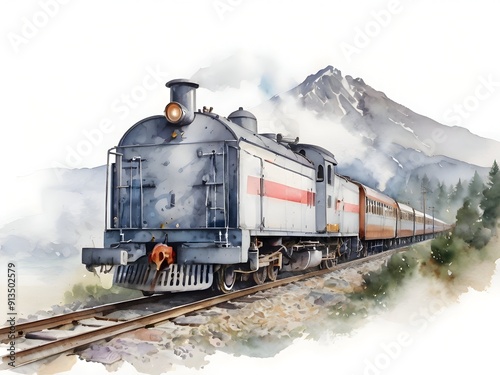 Train Watercolor Landscape Nature Art