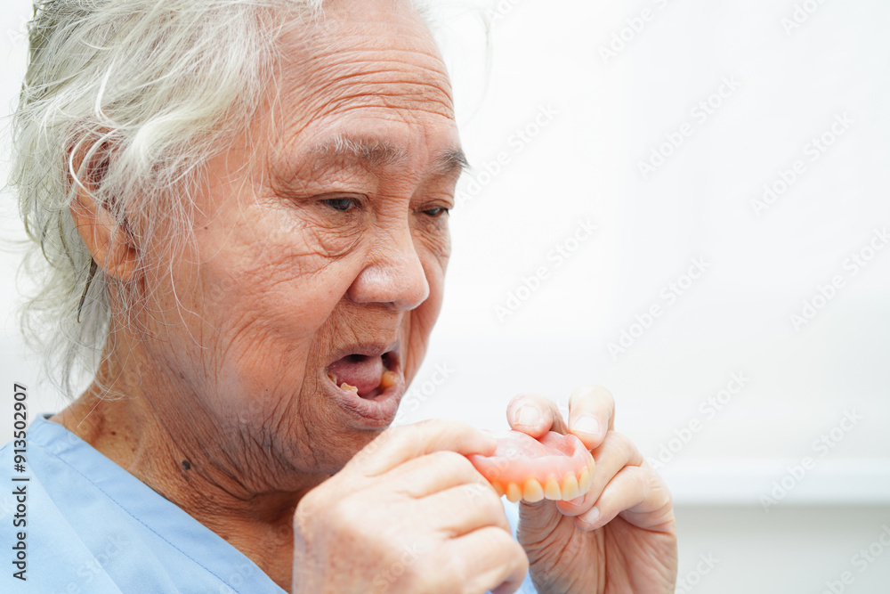 Asian senior woman patient holding teeth denture in her hand for chew food. Asian senior woman patient holding teeth denture in her hand for chew food.