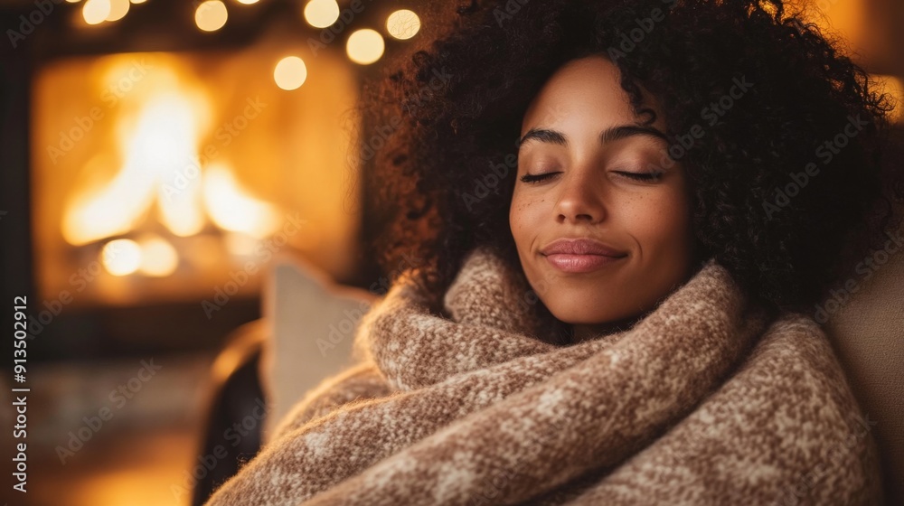 Serene Winter Relaxation - Woman Wrapped in Cozy Throw by Fireplace Serene Winter Relaxation - Woman Wrapped in Cozy Throw by Fireplace