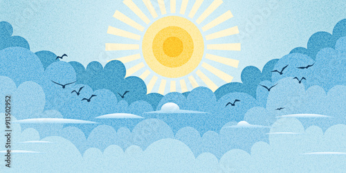 Vector drawing of sky, sun in the clouds, cartoon illustration, natural background	