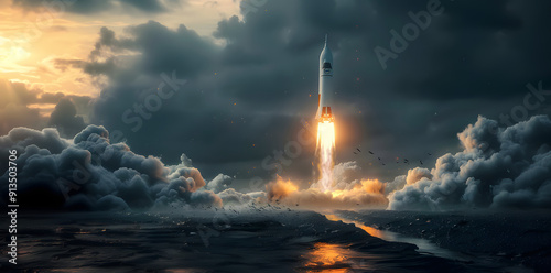 A stunning depiction of a rocket launch at dusk, with dramatic clouds and glowing exhaust flames illuminating the scene. The image captures the power and awe of space exploration, showcasing the rocke photo