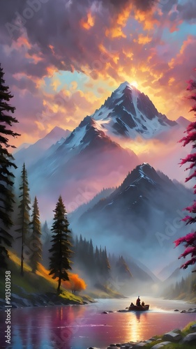 This exquisite painting captures the serene beauty of majestic mountains reflected in a tranquil lake, inviting viewers to immerse themselves in nature's splendor