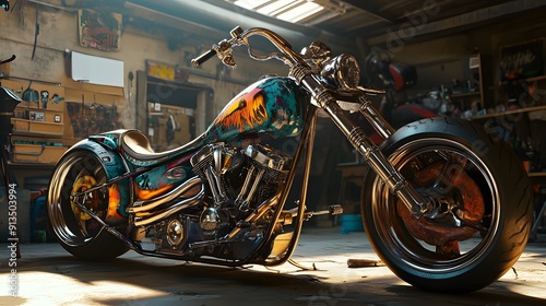 Custom Motorcycle in a Garage. photo