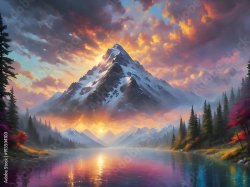 This exquisite painting captures the serene beauty of majestic mountains reflected in a tranquil lake, inviting viewers to immerse themselves in nature's splendor