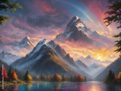 This exquisite painting captures the serene beauty of majestic mountains reflected in a tranquil lake, inviting viewers to immerse themselves in nature's splendor