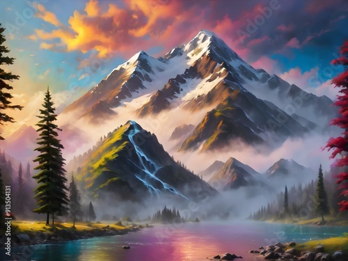 This exquisite painting captures the serene beauty of majestic mountains reflected in a tranquil lake, inviting viewers to immerse themselves in nature's splendor
