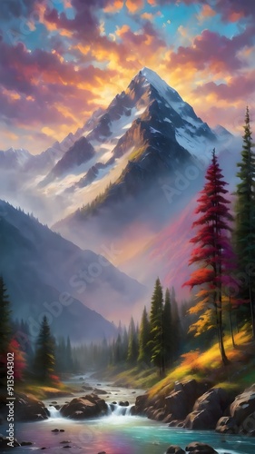 This exquisite painting captures the serene beauty of majestic mountains reflected in a tranquil lake, inviting viewers to immerse themselves in nature's splendor