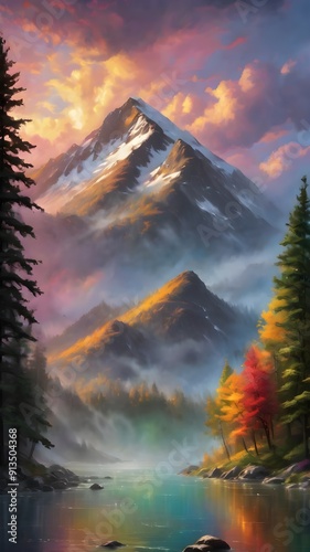 This exquisite painting captures the serene beauty of majestic mountains reflected in a tranquil lake, inviting viewers to immerse themselves in nature's splendor