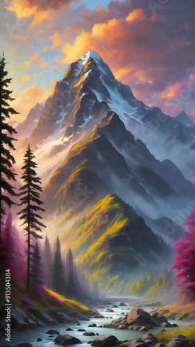 This exquisite painting captures the serene beauty of majestic mountains reflected in a tranquil lake, inviting viewers to immerse themselves in nature's splendor